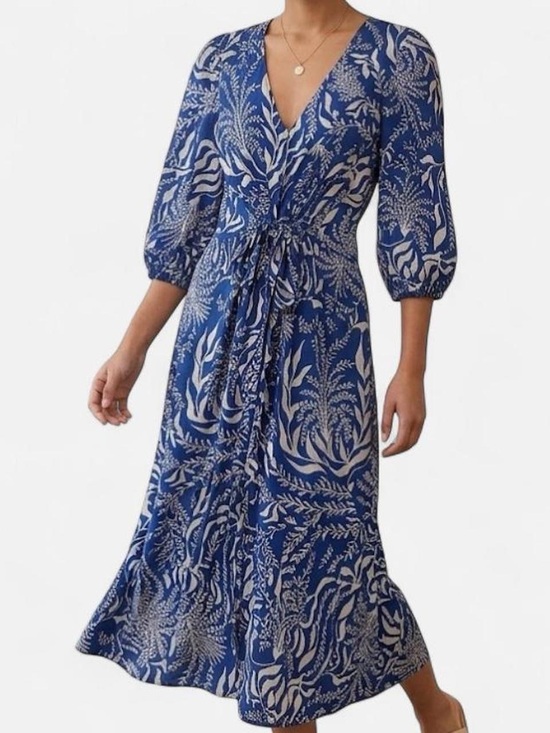 H&M Dresses & Skirts - H&M Blue and White Floral Printed Adjustable Tie-Waist Midi Dress (Size XS)